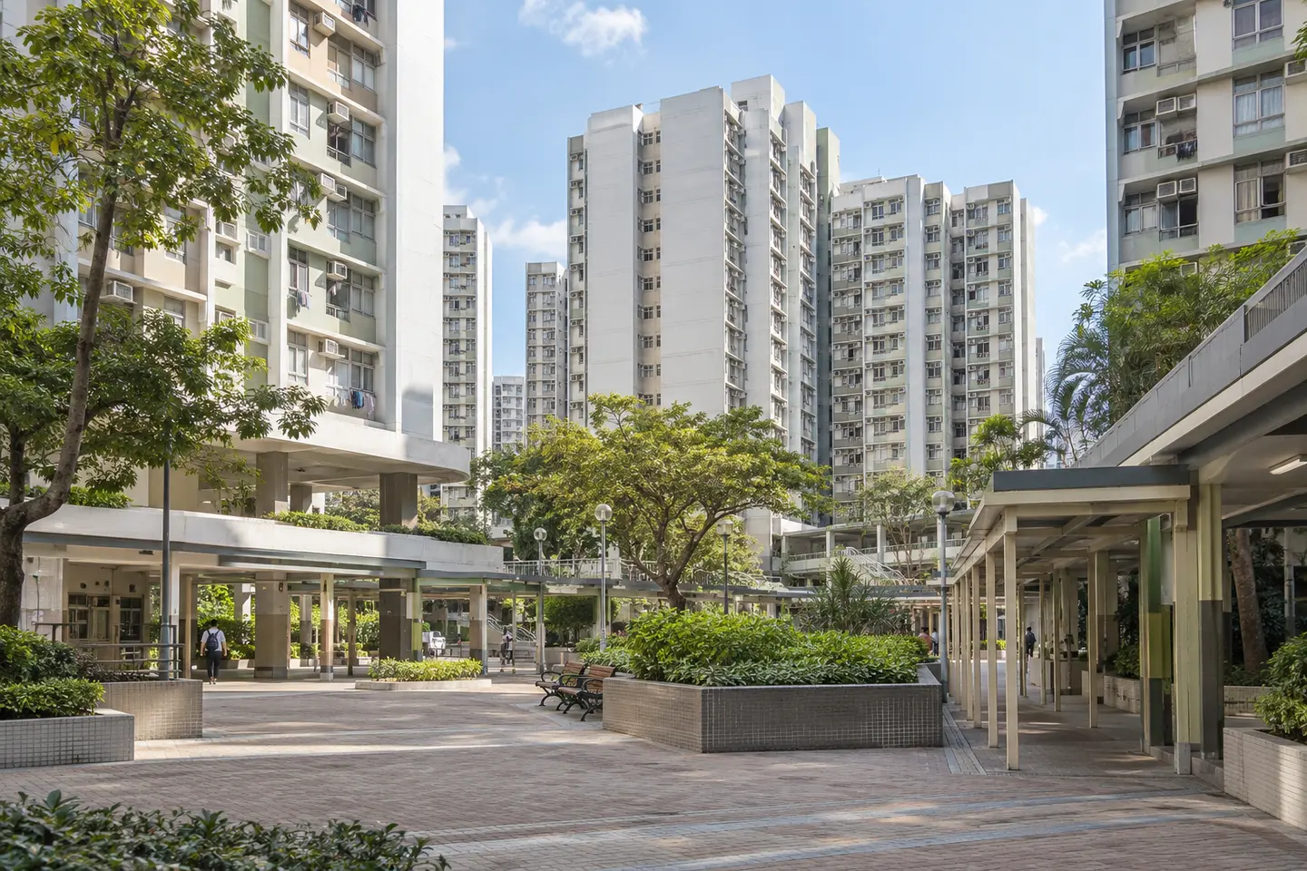 香港居屋屋苑外觀情境圖片（AI 生成，並非個案實際物業）