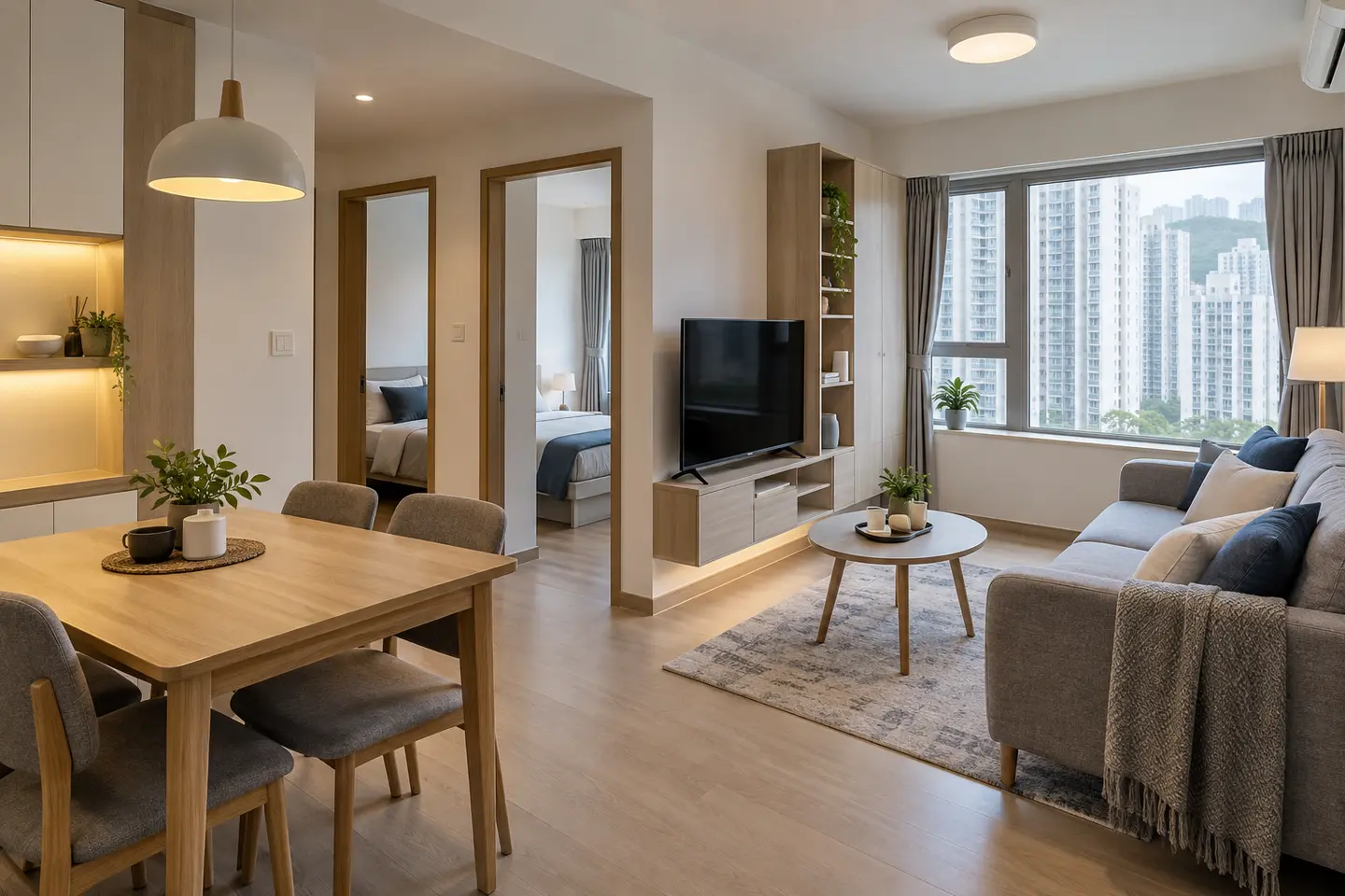 香港兩房住宅室內情境圖片（AI 生成，並非個案實際物業）